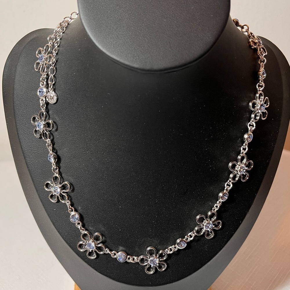 Vintage JAC Silver-tone Floral Crystal Necklace. Stamped